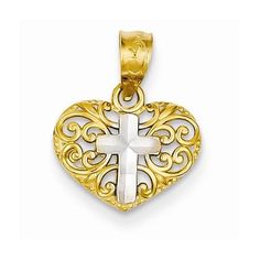 Metal: 14k Yellow & RhodiumLength:16 mmWidth:12 mmFinish: Diamond-cut, Polished, Die struck, Open back, rhodiumFree U.S. Shipping for orders over $99 Protected by our 30-Day Risk Free Returns! White Fine Jewelry With Heart Charm, White Engraved Jewelry For Valentine's Day, Engraved White Jewelry For Valentine's Day, Heart-shaped 14k White Gold Jewelry, White 14k Gold Heart-shaped Jewelry, White 14k Gold Filigree Jewelry, White Hallmarked Jewelry For Valentine's Day, Engraved White 14k Gold Jewelry, 14k Stamped White Gold Heart Cut Jewelry