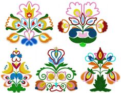 an assortment of colorful embroidered designs on white background, including flowers and leaves in different colors