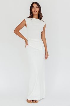 Calculated Ribbed Knit Maxi Skirt White White Ribbed Stretch Maxi Dress, Spring Ribbed Maxi Dress, Fitted Maxi Skirt For Day Out, Chic Ribbed Maxi Skirt For Spring, Spring Ribbed Stretch Maxi Skirt, Spring Stretch Ribbed Maxi Skirt, Fitted Ribbed Maxi Skirt For Spring, Fitted Ribbed Maxi Skirt, White Mock Neck Top