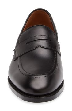 A streamlined silhouette and almond toe bring timeless sophistication to a leather loafer grounded by a cushioned footbed. Leather upper, lining and sole Made in the USA Classic Dress Shoes With Removable Insole For Galas, Formal Almond Toe Loafers With Rubber Sole, Classic Gala Dress Shoes With Removable Insole, Business Loafers With Smooth Grain And Round Toe, Formal Calf Leather Slip-ons With Removable Insole, Formal Slip-ons With Removable Insole In Calf Leather, Formal Almond Toe Slip-ons With Leather Footbed, Classic Cap Toe Loafers For Galas, Business Loafers In Calf Leather With Cap Toe