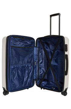 Durable and versatile, this full-feature bag is expandable to give you more packing space on the go with a hardshell exterior that stands up to rigorous travel.Closure: Two-way zippers with an integrated, TSA-approved lock. Expansion zipper adds two inches of depth.Exterior features: A multistage telescopic trolley handle system, a hidden name tag and four 360-degree double wheels.Interior features: Two large packing compartments, two zip pockets and compression straps. ABS/polyester Imported Functional Rectangular Protective Travel Case, Functional Rectangular Luggage For Storage, Functional Rectangular Case With Luggage Sleeve, Rectangular Hard Shell Luggage For Business Trips, Modern Travel Bags With Protective Case, Modern Travel Bag With Protective Case, Rectangular Hard Shell Travel Case, Functional White Rectangular Case, Functional White Rectangular Cases