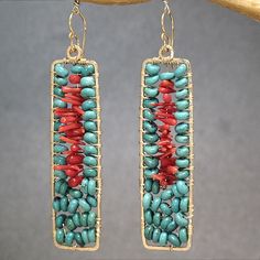 "Hammered rectangles with turquoise and red coral, about 2-1/4\" long. Available in 14k gold filled & sterling silver, 14k rose gold filled **We now offer LAYAWAY**Please read our policy section for more info - http://www.etsy.com/shop/CalicoJunoJewelry/policy" Beaded Jewelry Ideas, Beaded Jewelry Earrings, Coral Gemstone, Earrings Gemstone, Earrings Turquoise, Coral Jewelry, Red Turquoise, Diy Schmuck, Bead Jewellery