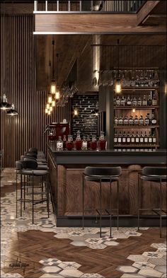 a bar with several stools and bottles on the counter