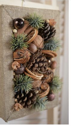 a piece of burlock with pine cones and other things hanging on the wall