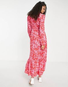 ASOS DESIGN Tall hi low hem midi dress in pink and red splice floral print | ASOS Pink Printed V-neck Midi Dress, Pink Floral Print V-neck Midi Dress, Pink V-neck Midi Dress With Floral Print, Pink Floral V-neck Midi Dress, Asos, Floral Prints, Midi Dress, Maxi Dress, Red