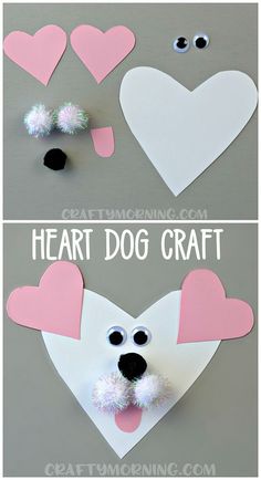 paper heart dog craft for valentine's day with pom poms on it