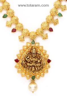 22 Karat Gold 'Lakshmi' Necklace with Ruby, Emerald & South Sea Pearl (Temple Jewellery)  - 235-GN4160 - in 19.500 Grams for USD $1672.77. 
Made in India by Totaram Jewelers Online this product is in Gold - 22 Karat BIS Hallmark 916 KDM Gold  & is an excellent gift for Adult - Women. Ships fully insured with secured guaranteed delivery for free with your order over $250 from New Jersey USA & comes with 30 days exchange policy. Emerald Necklace In 22k Gold For Festivals, Festive Emerald Necklace In 22k Gold, 22k Gold Temple Jewelry Emerald Necklace For Celebration, 22k Gold Emerald Temple Necklace For Festive Occasions, Yellow Gold Emerald Necklace For Festivals, 22k Gold Emerald Necklace For Gift In Temple Style, Temple Style 22k Gold Emerald Necklace Gift, 22k Gold Emerald Necklace Temple Jewelry Style, 22k Gold Emerald Necklace Temple Jewelry Gift