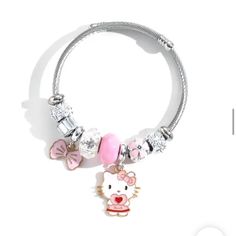 Hello Kitty Charm Bangle Bracelet Size: 5.5-6.5 Cm Diameter (Adjustable) Cute Metal Jewelry With Cat Design, Adjustable Hello Kitty Jewelry, Hello Kitty Adjustable Jewelry For Gifts, Adjustable Hello Kitty Jewelry Gift, Adjustable Hello Kitty Jewelry As Gift, Kawaii Metal Jewelry For Gifts, Cute Silver Stainless Steel Jewelry, Kawaii Jewelry With Cute Adjustable Design, Adjustable Kawaii Jewelry With Cute Design