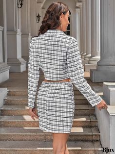 Bjux - Classy Plaid Two-Piece Skirt Set featuring a Stylish Crop Long Sleeve Jacket and Figure-Hugging Bodycon Skirt, an Excellent Addition to Your Womens Fashion Wardrobe Crop Long Sleeve, Bodycon Skirt, Long Sleeve Jacket, Body Con Skirt, Sleeve Jacket, Long Sleeves Jacket, Skirt Pattern, Sleeve Detail, Skirt Set