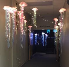 the hallway is decorated with lights and streamers