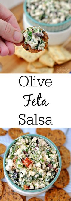 two pictures with different foods in them and the words olive feta salsa on top