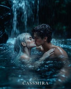 a man and woman kissing in the water with rain falling down on their heads, behind them is a waterfall