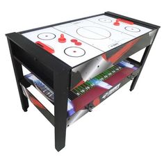 an ice hockey table is shown with two game boards on it's legs and one drawer open