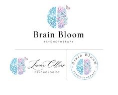 the logo for brain bloom is shown in blue and pink colors, with two different logos on