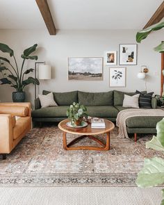 a living room with green couches and pictures on the wall above, along with plants