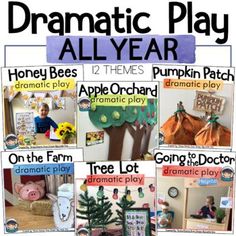 These dramatic play activities will save you time and keep kids engaged in your pretend play center all year long. Thanksgiving Dramatic Play and Christmas Dramatic Play are just a few included in this 12-resource bundle. Each colorful themed resource contains literacy, math and social elements with... School Themed Dramatic Play, Dramatic Play Shelf, Monthly Dramatic Play Themes, August Dramatic Play Center, Purposeful Play Kindergarten, All About Me Dramatic Play, January Dramatic Play Preschool, Diy Dramatic Play Center, House Dramatic Play