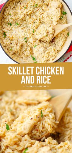 skillet chicken and rice in a pan with wooden spoons