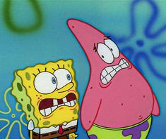 spongebob and patrick face to face in front of blue background