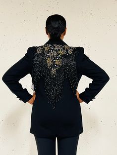 "Vintage black wool blazer with beaded fringe and trim, 2 front patch pockets and front button closure. Made in Hong Kong. Tag size 8.  Brand: Lillie Rubin Exclusive Across Shoulder = 17\" Bust = 40\" Waist = 40\" Center Back Length = 29\" Sleeve Length = 24\" Condition: vintage good, slight pilling at interior wrist Return Policy: All sales final, please message with questions!" Black Wool Blazer, Black Fringe, Beaded Fringe, Wool Blazer, Black Wool, Blazers For Women, Boss Lady, Patch Pocket, Vintage Black