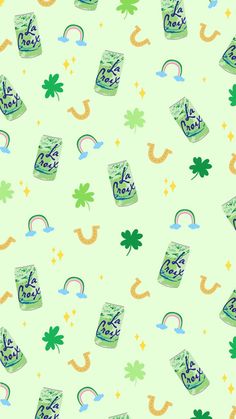 a green background with shamrocks and lucky symbols on it, including two beer cans