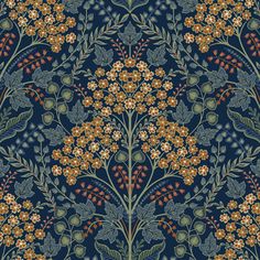 a blue and yellow floral wallpaper with small flowers on the bottom half of it