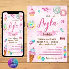 a pink birthday party flyer with donuts and doughnuts on the cover, next to an iphone