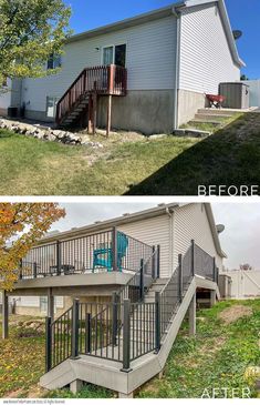 before and after photos of a house with deck railings on the outside, and in the front yard