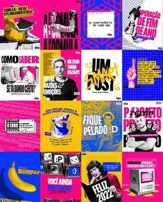 a collage of various posters with different colors and designs on them, including an image of a man holding a banana