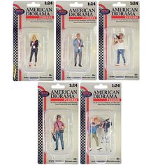 four action figures are shown in three different packagings, each with a male and female figure