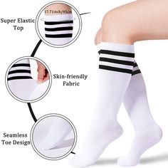 Cotton Knee High Socks Stripes Tube | Moon Wood Knee-high Stockings, Fitted White Mid-calf Socks, White Fitted Knee-high Socks, Fitted White Mid-calf Stockings, Black Stretch Breathable Knee-high Socks, Casual High Stretch Knee-high Socks, Sporty Stretch Stockings, White Stretch Knee-high Casual Socks, White Stretch Knee-high Legwear