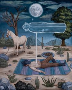 a painting of a man laying on a blanket next to a white horse in the desert