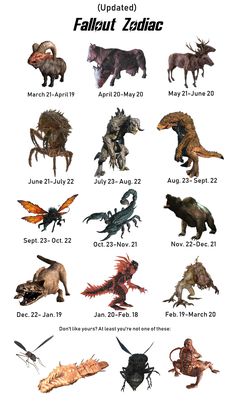 an image of different types of dinosaurs in the wild, with text that reads fall out zodiac