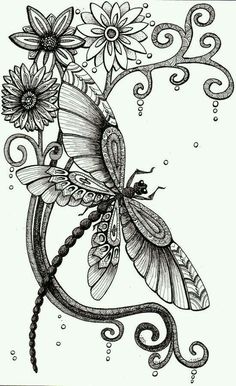 a drawing of a butterfly and flowers