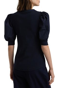 A laced detail adds a touch of nautical flair to a stretchy, curved-hem cotton top framed by elbow-length puff sleeves. 25 1/2" length (size Medium) Lace-up closure Band collar Elbow-length sleeves Curved hem 94% cotton, 6% elastane, with 100% cotton contrast Machine wash, line dry Imported Navy Stretch Cotton Tops, Stretch Cotton Tops With Puff Sleeves, Cotton Fitted Puff Sleeve Top, Stretch Cotton Puff Sleeve Top With Crew Neck, Stretch Cotton Puff Sleeve Top, Stretch Cotton Puff Sleeve Top For Fall, Cotton Balloon Sleeve Tops For Work, Fitted Cotton Puff Sleeve Top With Crew Neck, Casual Cotton Puff Sleeve Top For Work