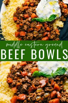 beef and rice dish on a plate with the title text above it that reads middle eastern ground beef beef bowls