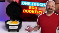 a man pointing to an egg cooker with the words one - touch on it