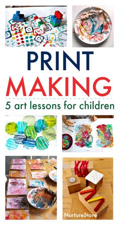 the cover of print making 5 art lessons for children, with pictures of paper plates and letters