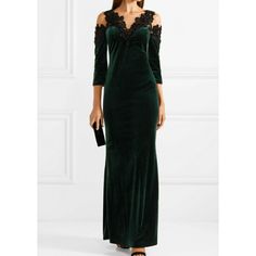 Beautiful Gown, It Has Been Altered In Length In Both Bottom Of The Gown And An Inch From The Arms. The Tailor Made A Small Trail With The Extra Length. The Gown Should Fit Someone Between 5'0" - 5'5". This Jewel-Toned Gown Is Made From Dark-Green Velvet In A Flattering Slim Silhouette. The Cold-Shoulder Neckline Is Cut From Sheer Tulle And Creates The Illusion Of A Plunging V Neck. ***Trail Of Dress Is Damaged, But Can Be Fixed At A Tailor. Green Velvet Gown, Marchesa Dresses, Marchesa Dress, Black Lace Gown, Dark Green Velvet, Velvet Gown, Embroidered Velvet, Marchesa, Lace Gown