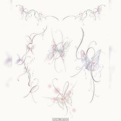 an artistic drawing of butterflies and swirls on a white background with space for text