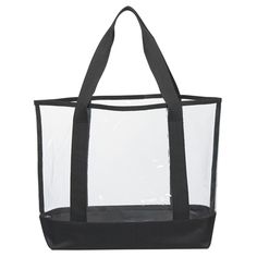 a clear tote bag with black handles on the front and bottom, is shown against a white background