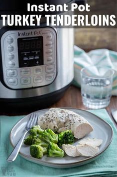 instant pot turkey and broccoli on a plate next to an instant pot