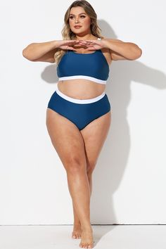 Blue & White Colorblock High Waist Bikini Bottom Blue Sporty Tankini For Beach Season, Sporty Blue Tankini For Beach Season, Blue Sporty Tankini For Swimming, Sporty Blue Tankini For Swimming, Sporty Color Block Swimwear For Sunbathing, Fitted Blue Color Block Tankini, Sporty Blue Tankini For Vacation, Blue Color Block Tankini Beachwear, Blue Color Block Sports Swimwear