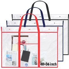 three reusable shopping bags with handles and zipper closures are shown in red, white, and blue