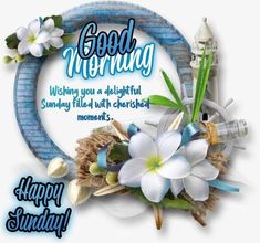 a greeting card for a good morning with white flowers and blue ribbon around the frame