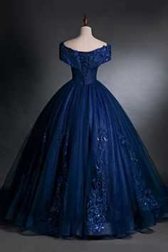 Blue Tulle Lace Long A-Line Ball Gown Off the Shoulder Evening Party Dress