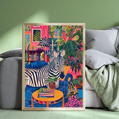 a zebra standing next to a couch in a living room