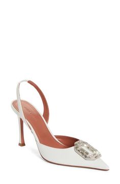 This leather slingback pump features a geometric crystal buckle detailing the pointy toe, bringing brilliant sparkle to your evening-out ensemble. 3 1/2" (90mm) heel (size 38.5) Elasticized slingback strap Leather upper and lining/leather and rubber sole Made in Italy Designer Shoes Luxury Slingback Pumps For Party With Buckle Closure, Luxury Party Slingback Pumps With Buckle, Luxury Party Slingback Pumps With Buckle Closure, Designer Crystal-embellished Slingback Pumps For Formal Occasions, Designer Formal Slingback Pumps With Crystals, Luxury Crystal Embellished Slingback Pumps, Elegant Embellished Leather Slingback Pumps, Designer Slingback Pumps For Party With Buckle Closure, Designer Slingback Pumps With Buckle Closure For Party