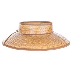 Open crown sun visor hat for men and women. Beautiful tightly braided and glazed palm leaf visor hat. Wide downward brim trimmed with grosgrain ribbon, 4" wide. Palm leaf print fabric underbrim provides excellent sun protection. 2" wide ribbon trim band. Matching chin cord with toggle lock. Elasticized inner band provides comfortably stretch fit. This visor hat blocks harmful UV rays, rated UPF 50+. Unisex, available in two sizes. 100% palm fiber. Handcrafted in Mexico. Straw Visor Sun Hat For Kentucky Derby, Classic Summer Sun Hat With Visor, Boater Hat With Upf 50+ Visor, Adjustable Upf 50+ Boater Visor Hat, Upf 50+ Brimmed Visor, Kentucky Derby Boater Hat With Visor For Vacation, Brown Visor Sun Hat For Summer, Brown Visor Straw Hat For Summer, Summer Visor Boater Hat In Natural Color