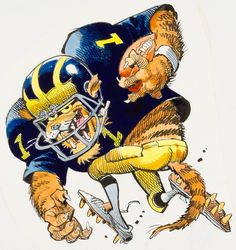 a drawing of a football player and a cat