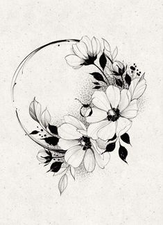 black and white drawing of flowers in a circle